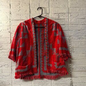 Vintage Red & Gray Towel Cardigan | Upcycled Aztec Fringe Jacket | Boho Southwes